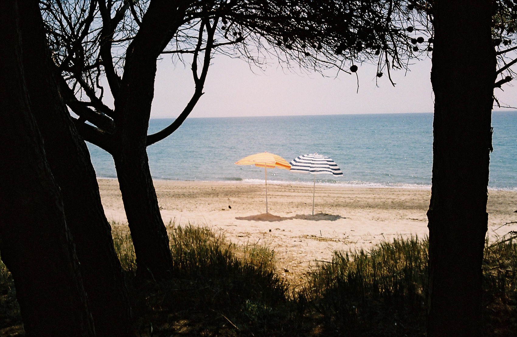 Strand mit zwei Sonnenschirmen